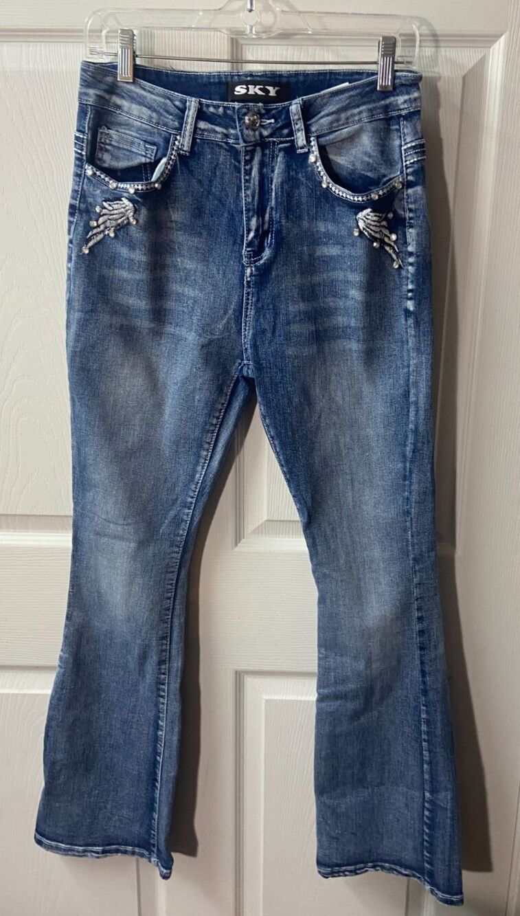 Sky Premium Collection Bootcut Jeans w Rhinestones Skulls and Wings Juniors 9